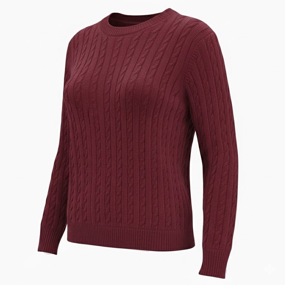 PURE MERINO WOOL BURGUNDY CREW NECK CABLE KNIT SWEATER BY NAIS PARIS